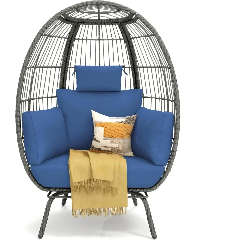 Chair Outdoor, 370lbs Capacity Wicker Patio Basket Chair, All-Weather Oversized Stationary Egg Lounger Chair For Indoor Living|