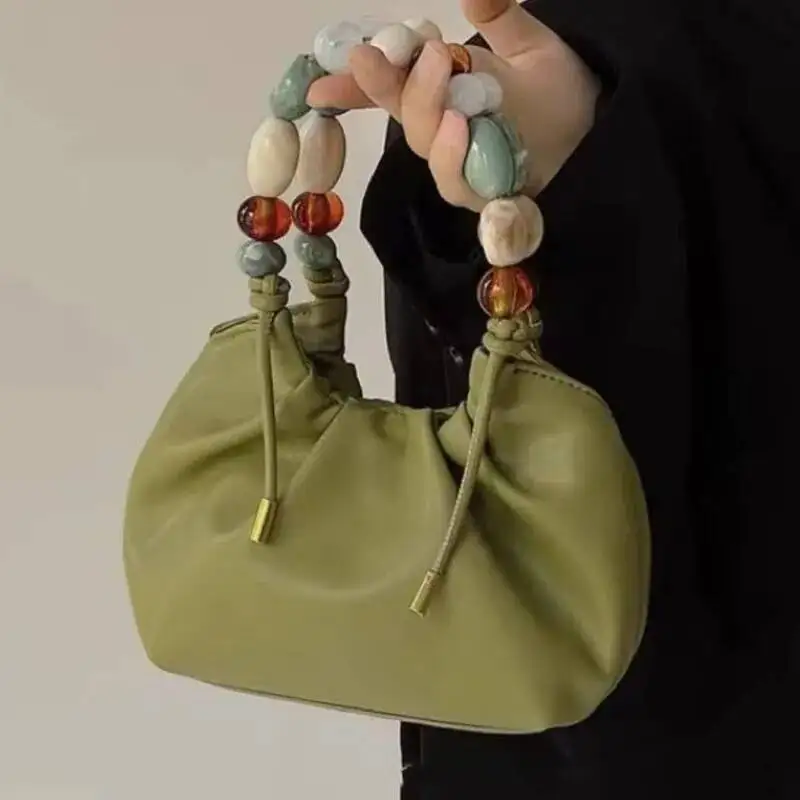 Bloom Elegant White Hand Purses Women Vintage Leather Beading Messenger Bag Female Haruku Casual Crossbody Bags Purse