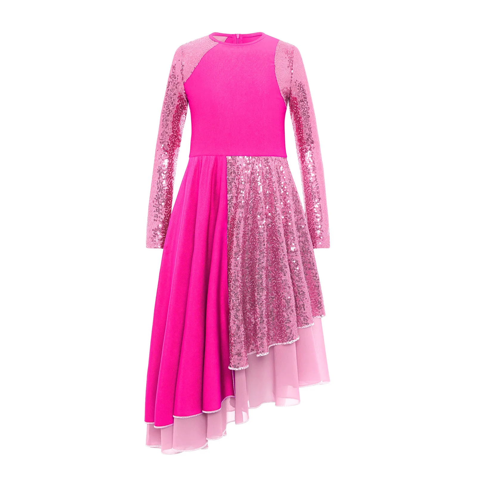 

‌Elegant Long-Sleeve Round-Neck Praise Dance Dress for Girls Glitter Sequin Colorful Performance Wear with Invisible Zipper