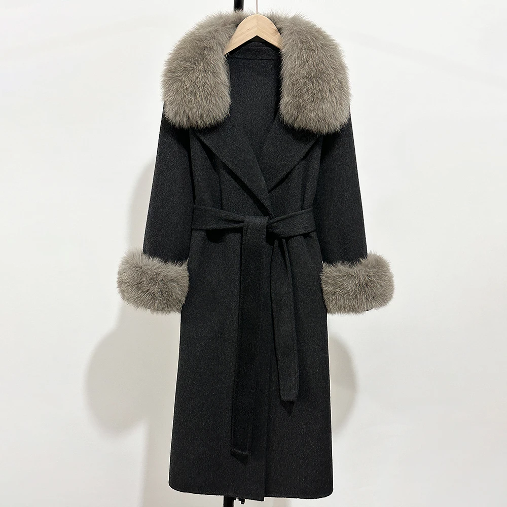 

CXFS Autumn Winter 2025 New Double-Sided Wool Coat with Real Fox Fur Collar and Cuff Lace Up Design Mid-Length Cloth