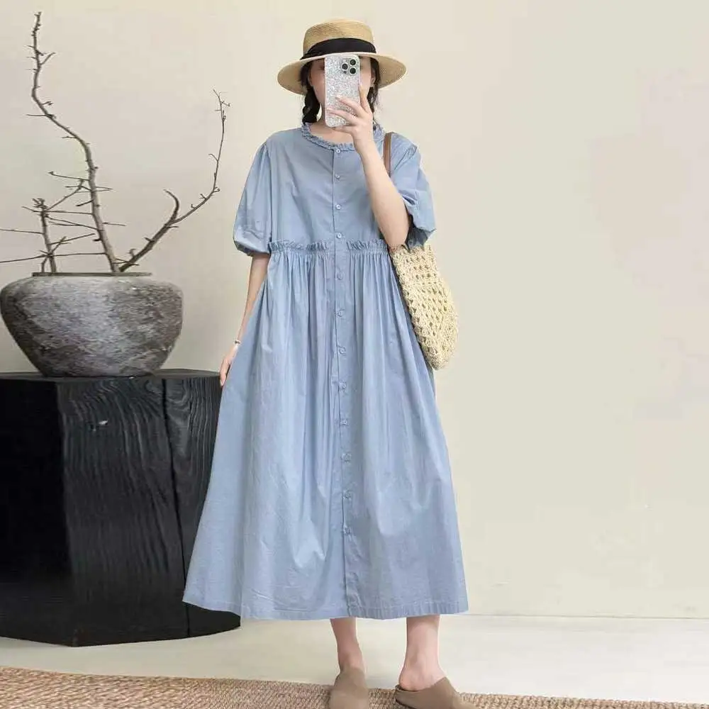 

Japanese Sweet Mori Girl Single Breasted Shirt Dress Women Summer Solid Color O-Neck Short Sleeve Casual Loose Long Dresses