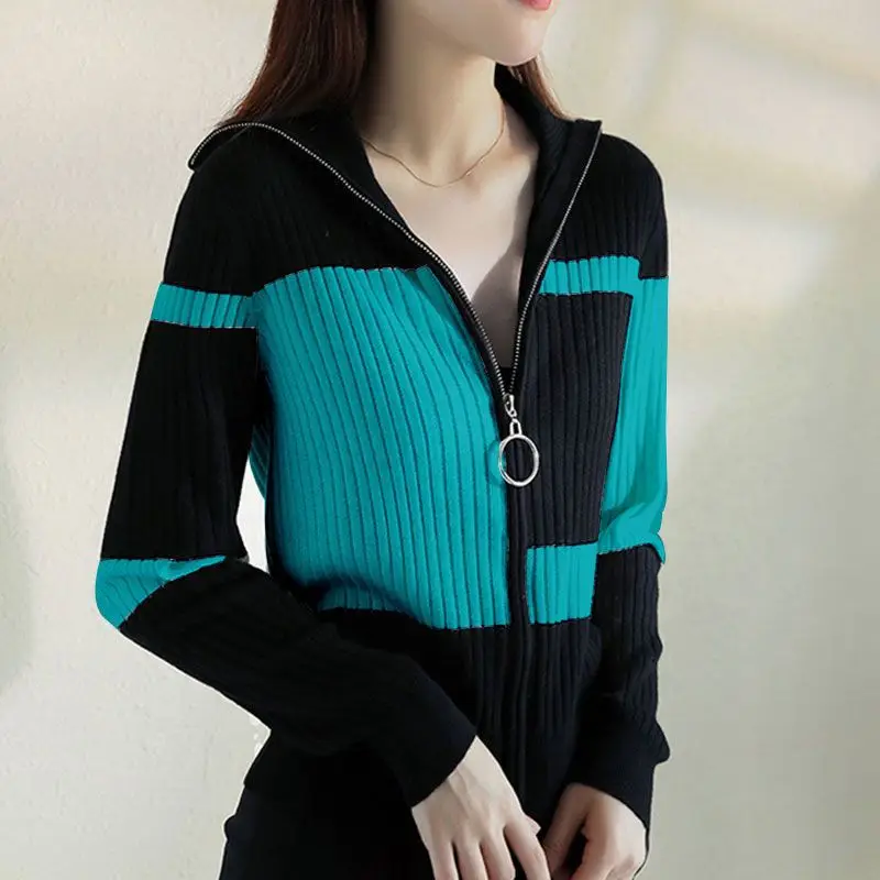 

Knitted Zippered Cardigan Jacket Sweater for Women 2024 Spring Autumn Striped Slimming Appear Thin Contrast Colors Versatile Top