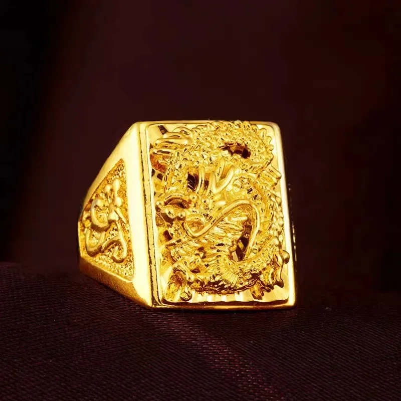 24K gold, AU999 men's solid gold dragon ring, bold open mouth, fashionable and elegant man