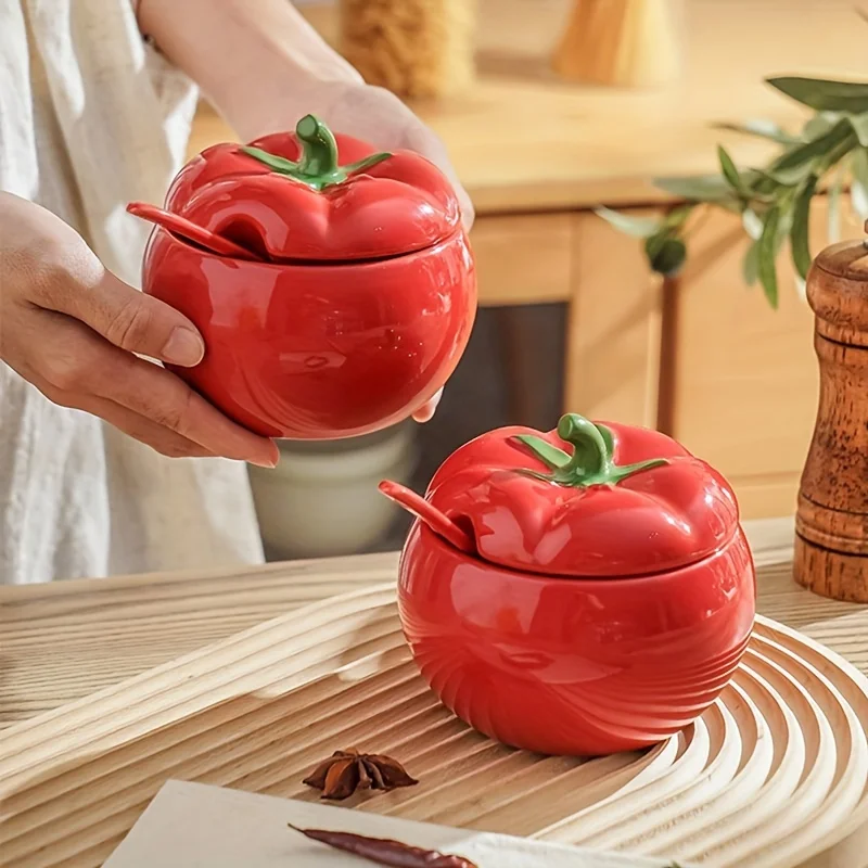 

Ceramic Spice Jar Set Salt Sugar Canister Chili Oil Container Creative Tomato Design Kitchen Storage