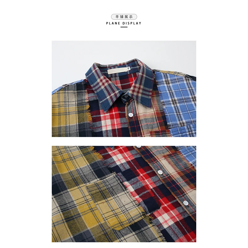 Women Patchwork Plaid Shirts and Blouses Y2k Vintage Korean Harajuku Fashion 90s Elegant Long Sleeve Polo-Neck Shirt Top Clothes
