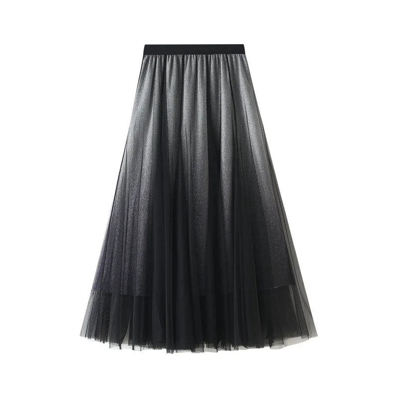 

Women's Gradient Color Glossy Silk Skirt, Women's A-line Skirt, High Waist, Large Hem, Mesh Pleated Skirt, Long Skirt, Purchase