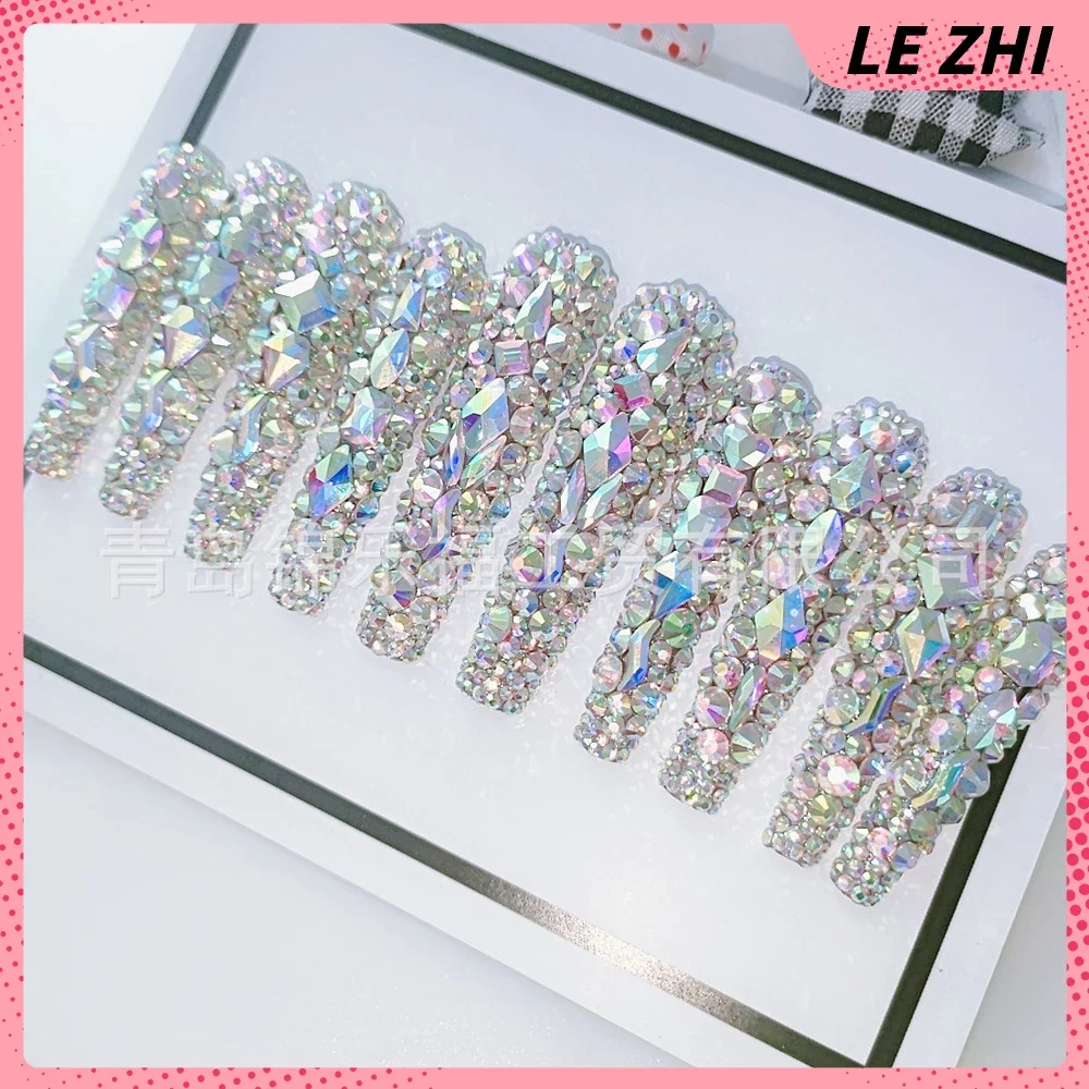 French Pink Long Coffin Fake Nails Glitter Ab Diamond Party Nail Sticker Star Full Cover Handwork Press On Nail Party Stickers