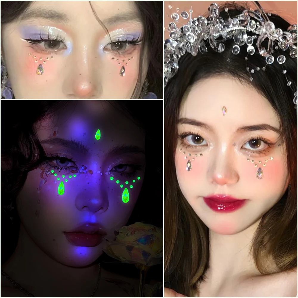 1 قطعة ثلاثية الأبعاد توهج في الظلام الراين الوجه ملصق الوجه الأحجار الكريمة جواهر ملصقات الماس ملصقات مشرقة للمهرجانات اكسسوارات الحفلات