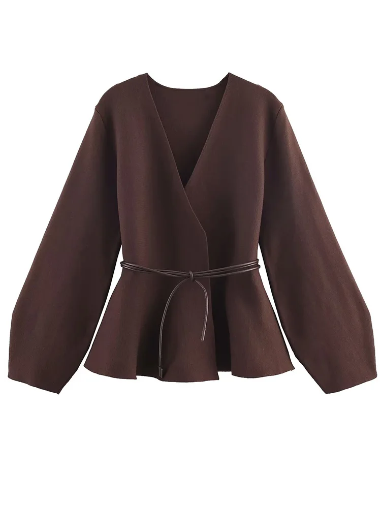 HH otoño mujer moda cinturón decoración chaqueta Tops mujer Casual manga larga cuello pico sólido alto calle tejido Cardigan moda