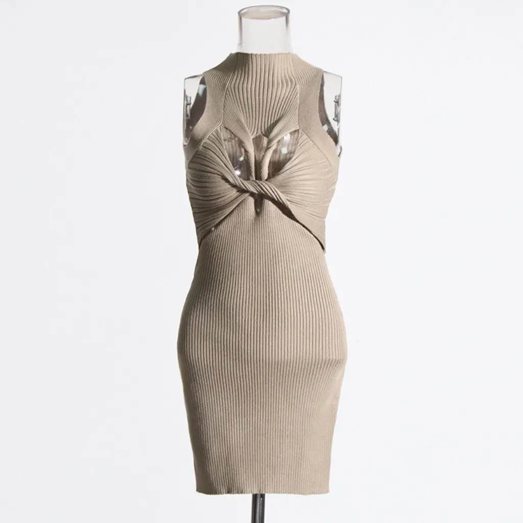 Women's Sleeveless Knitted Dress European American Style Hollow Twist Slimming Design Hot Girl Temperament Dress