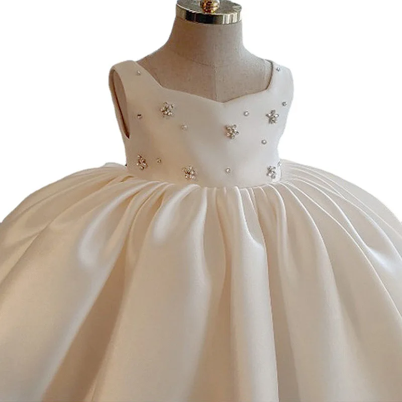 2024 Flower Girl Dress for Baby Girls Kids Beading Satin White Ball Gowns for Eid Children Formal Elegant Dresses Toddler Frocks