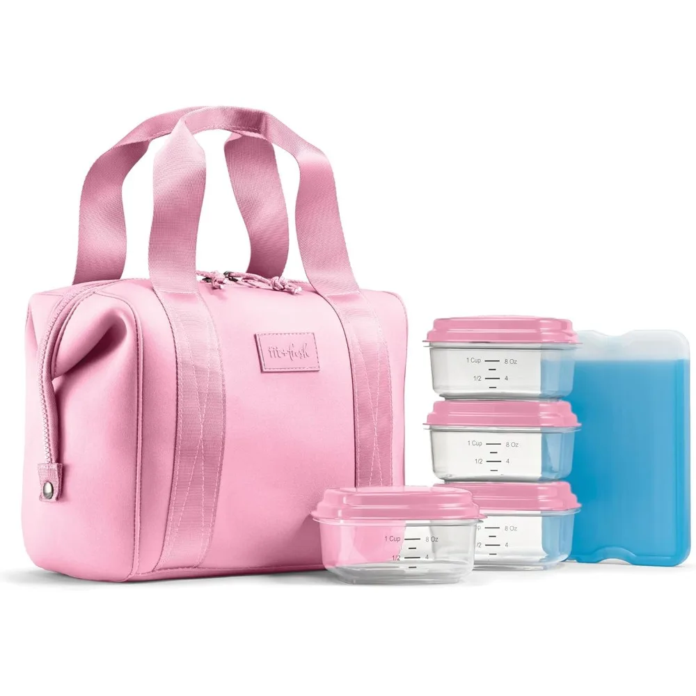 

Insulated Lunch Bag with Containers & Ice Pack, Tear-Resistant, Machine Washable, Pink for Women