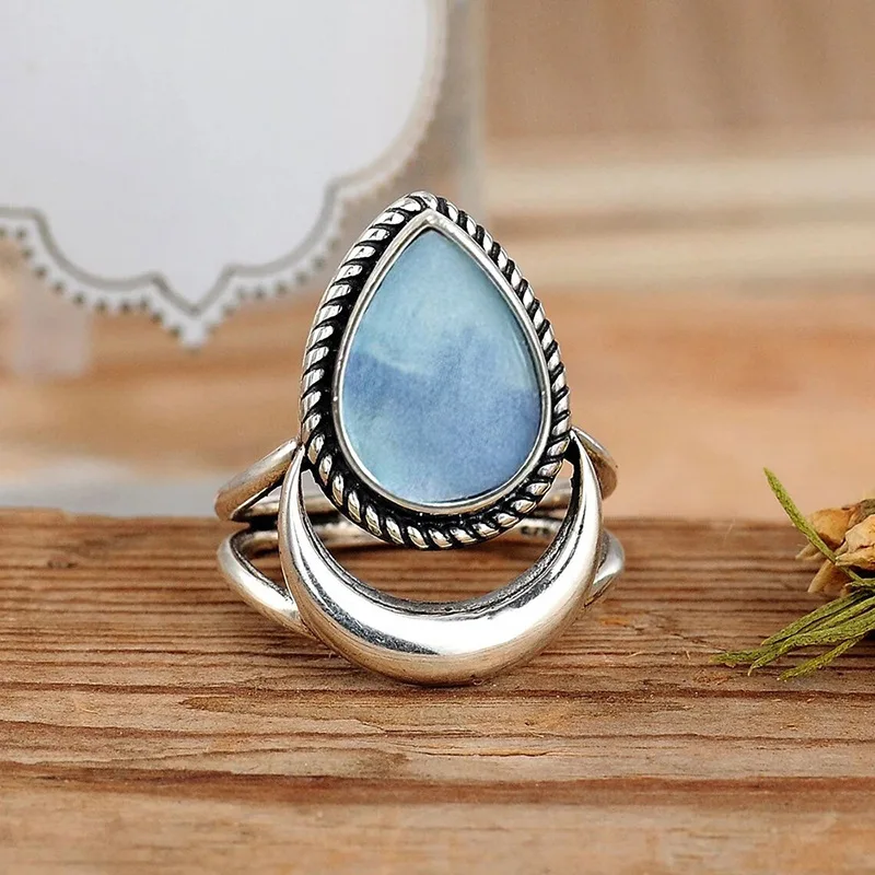 European and American Fried Dough Twists Lock Edge Water Drop Retro Ring Female Sky Blue Romantic Sky C-shaped Moon Accessories