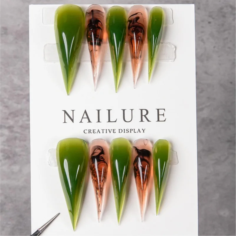 

Long Stiletto Press On Nails Jelly Green Transparent Amber Ink Swirl Fake Nails Glossy Handmade Reusable False Nail Tips Summer