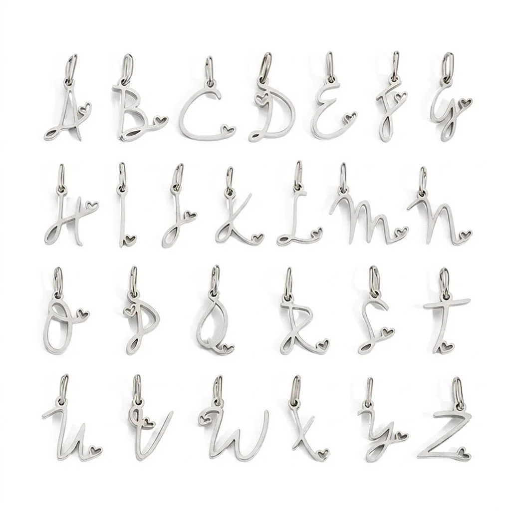 10mm Stainless Steel 26 Alphabet Initial Pendant 14K Gold Plated Cursive Script A-Z Letter Heart Charms for Necklace Bracelet view 5