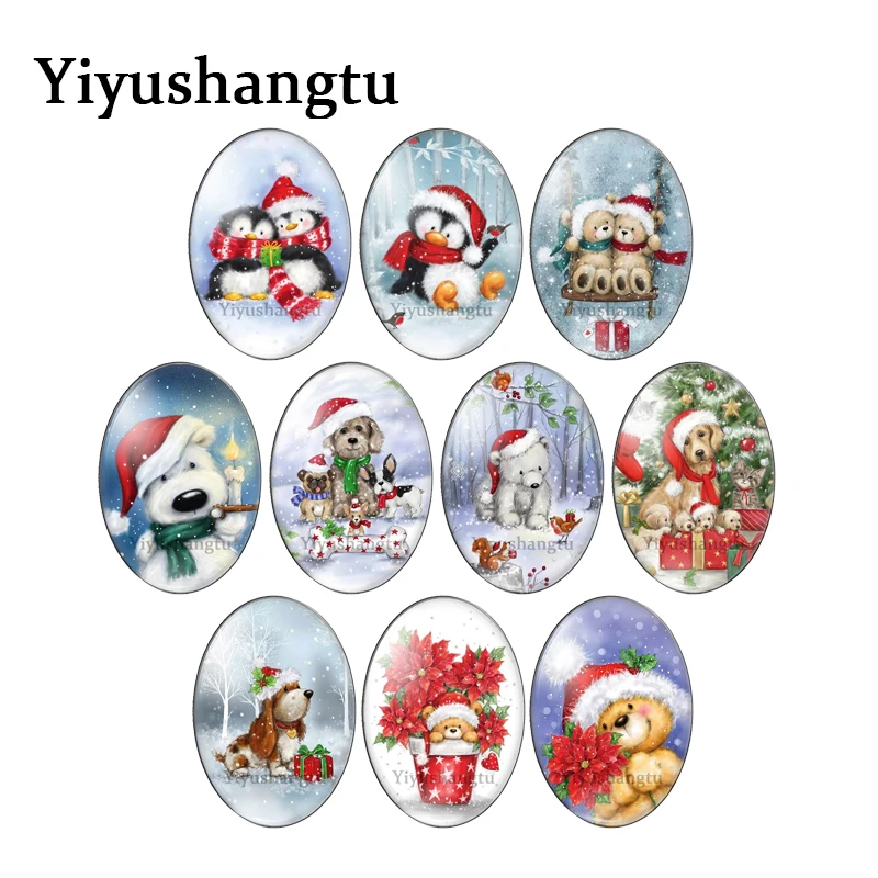 Merry christmas lovely animals bear dog penguin 13x18mm/18x25mm/30x40mm Oval photo glass cabochon demo flat back Making findings