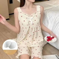 Fresh Colorful Flower Y2k Sweet Kawaii Women's Pajamas 2024 New Summer Fashion Print Lounges Wrinkled Cloth Camisole Pajama Set