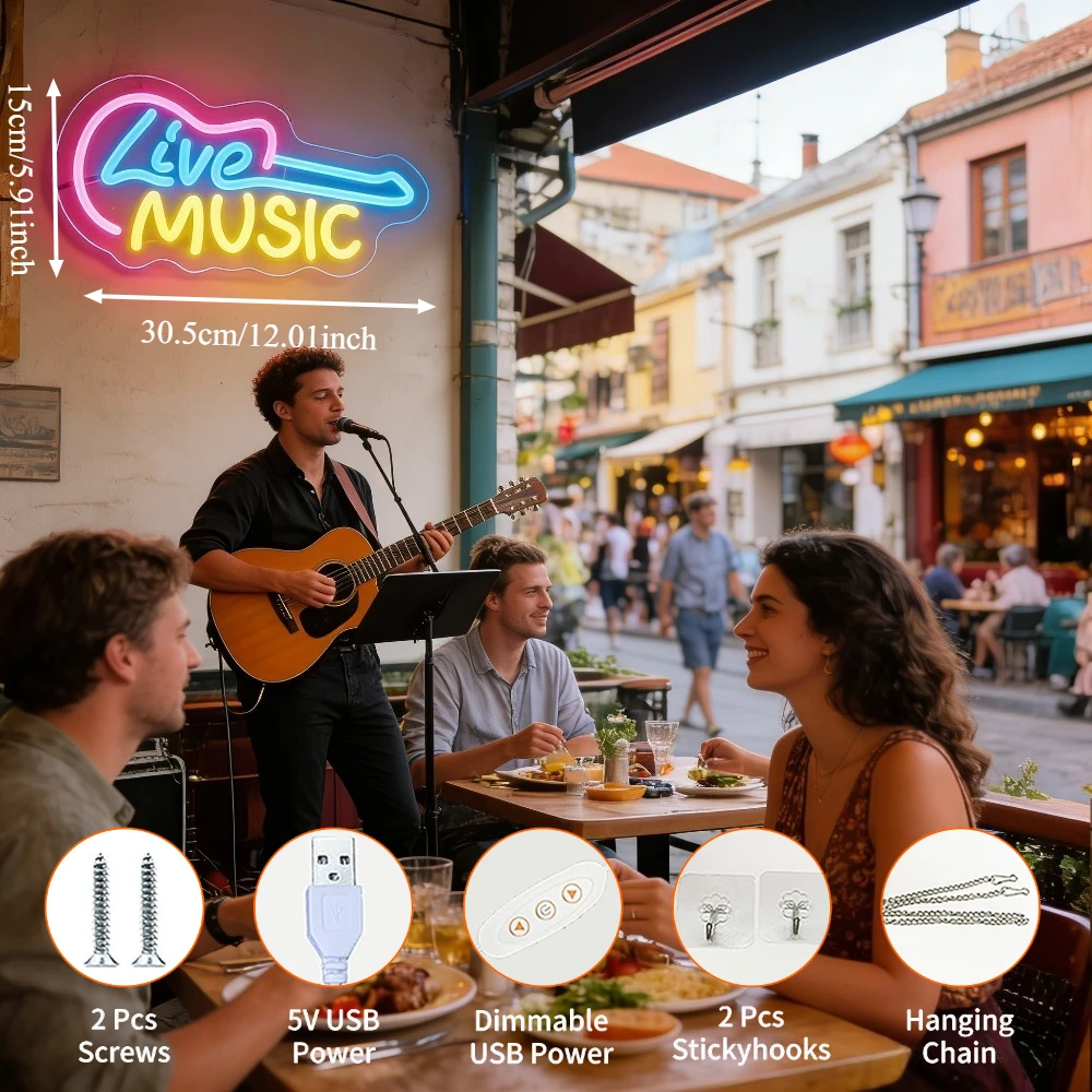 Live Music Guitar Neon Sign LED Wall Art for Bar Bedroom Party Decoration Retro Music Ambiance Lighting Unique Gift view 3