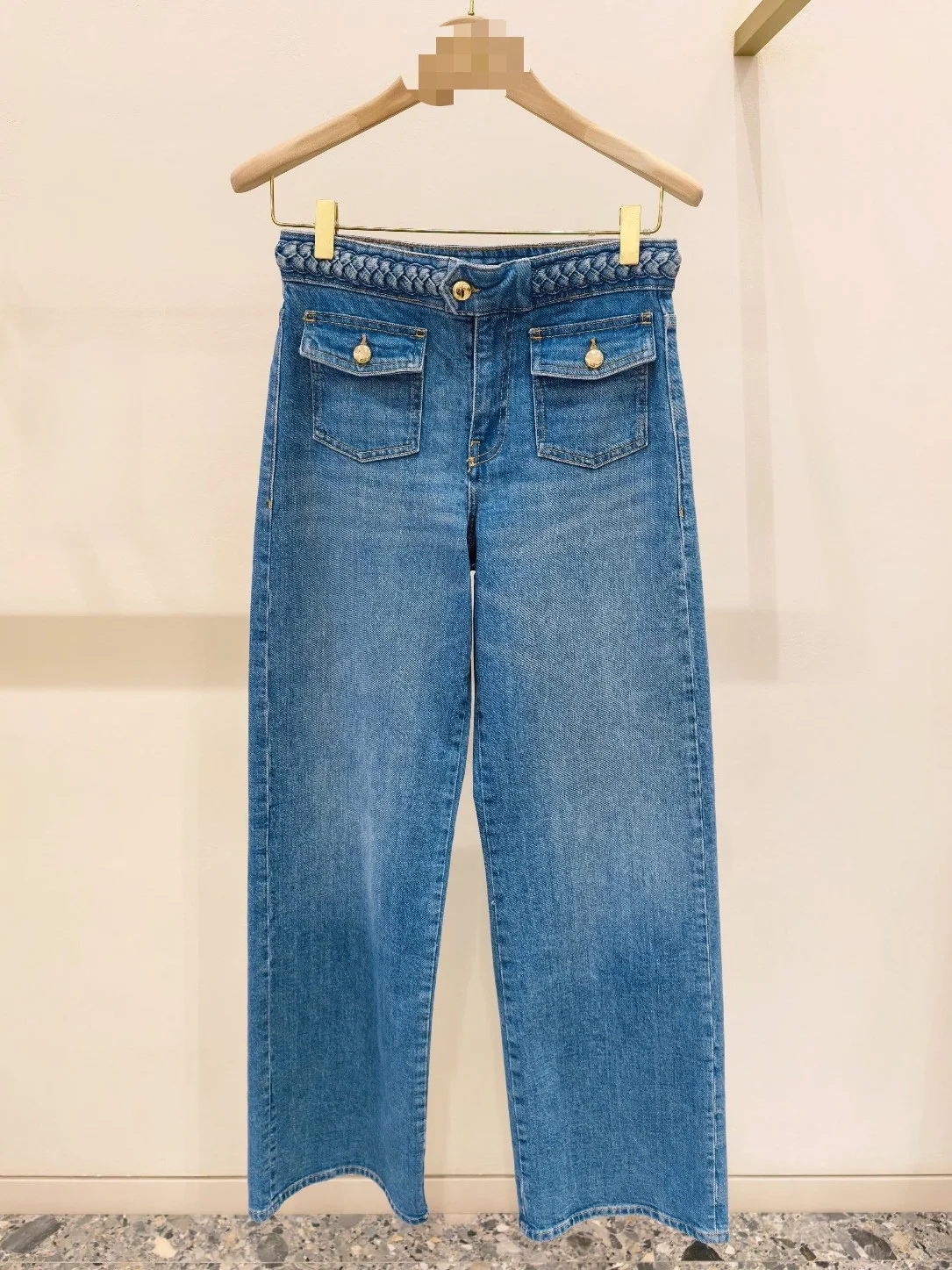 

High Waist Straight Leg Blue Denim Jeans with Knitted Decorative Belt Spring Summer 2026 HEIDD Ladies Cotton Jeans