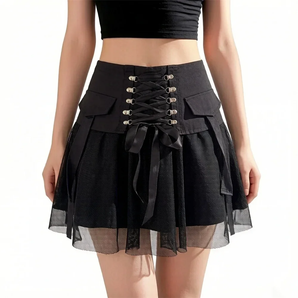 Black Butterfly Waist Lace Short Skirt High Waist Patchwork Biscuit Dress Style Polyester Fabric A-Line Mini Skirt for Girls