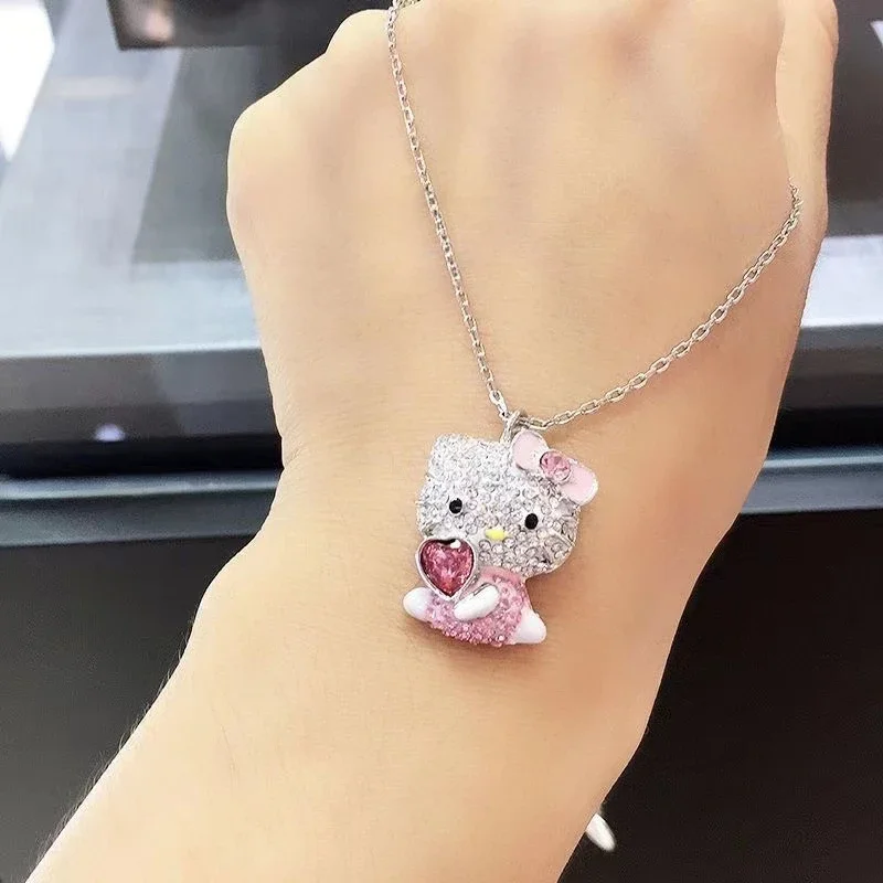 Cute Hello Kitty Series Necklace, Pink Heart Diamond Hello Kitty Cartoon Pendant Necklace, Fashion Accessory, Gift for Girls