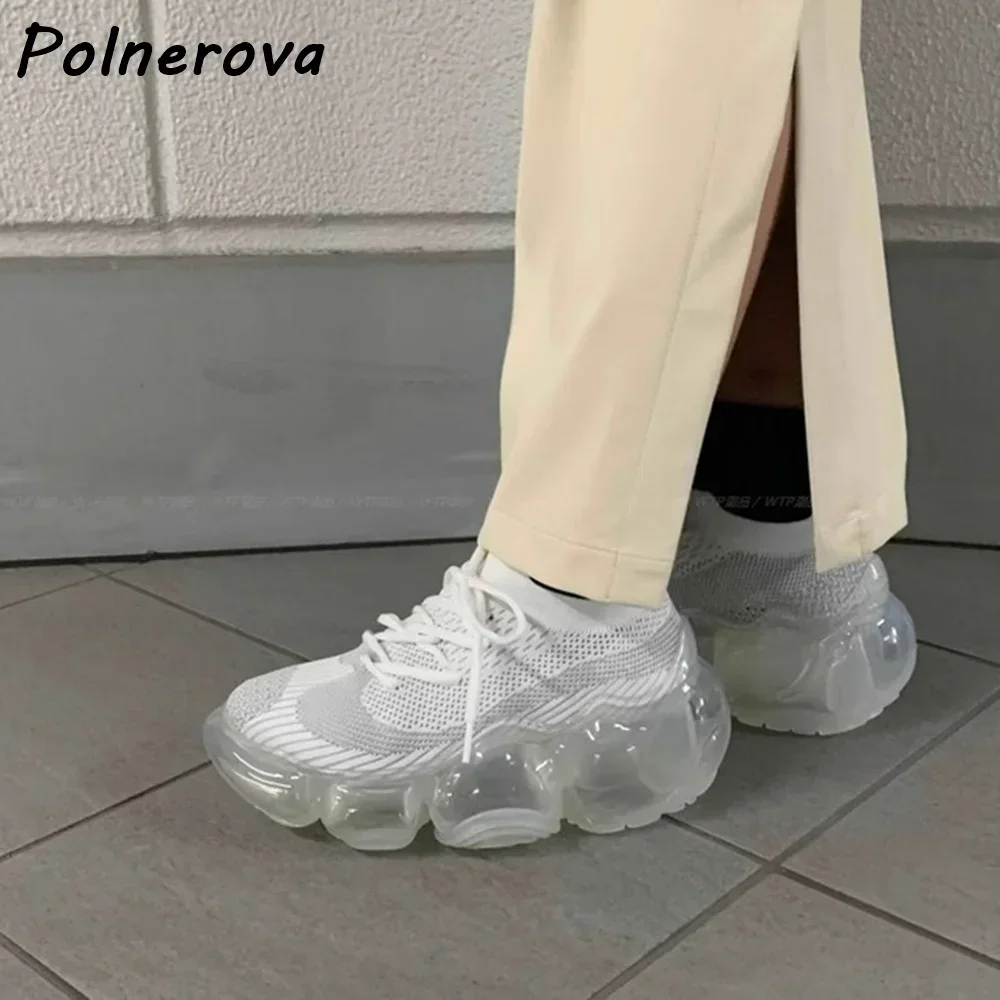 

Туфли-лодочки с воздушной сеткой на пузырьковом каблуке, прозрачная вязаная эластичная обувь на толстой подошве с высоким увеличением, женская милая лаконичная обувь