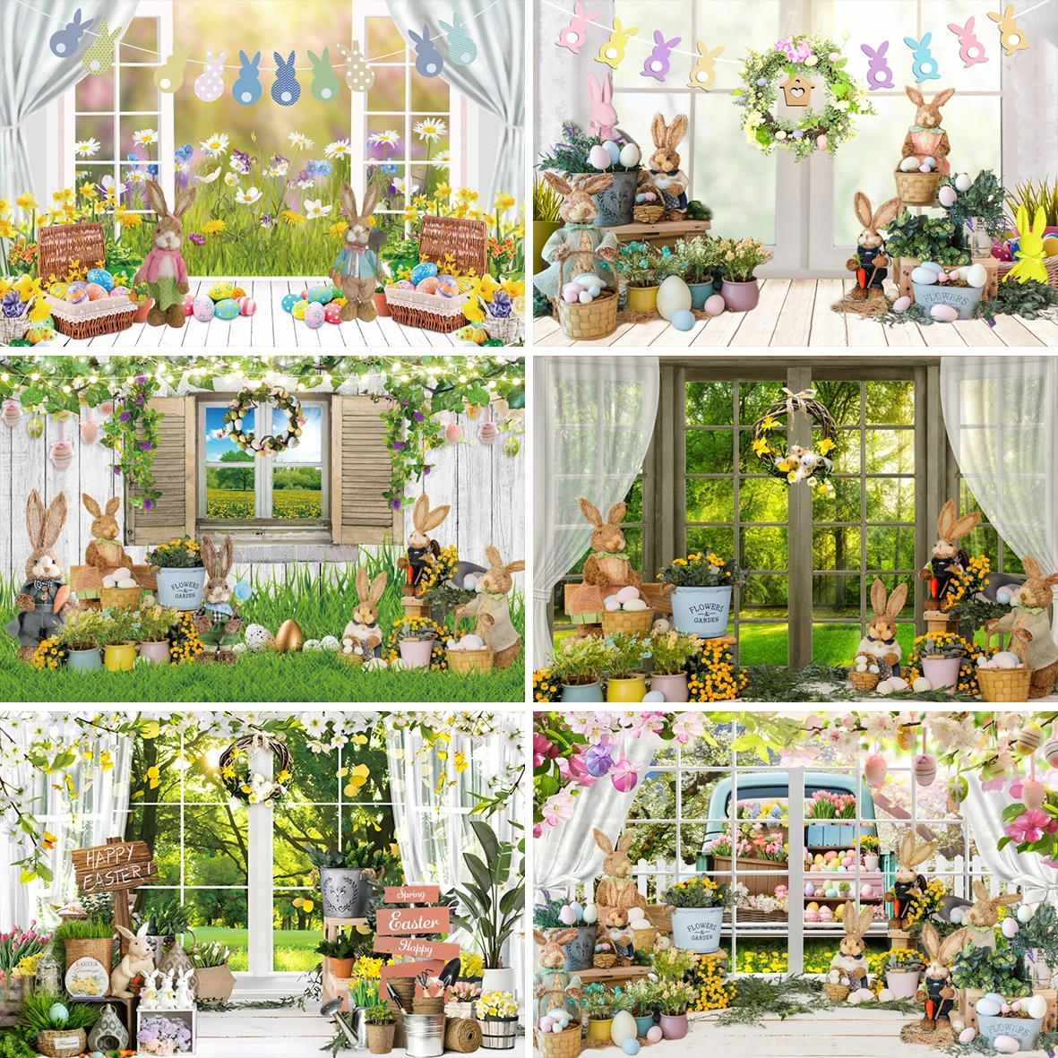 Happy Easter Day Cartoon Bunny Photography Background White Wood Windows Spring Garden Forest Scenery Kids Backdrop Photo Studio