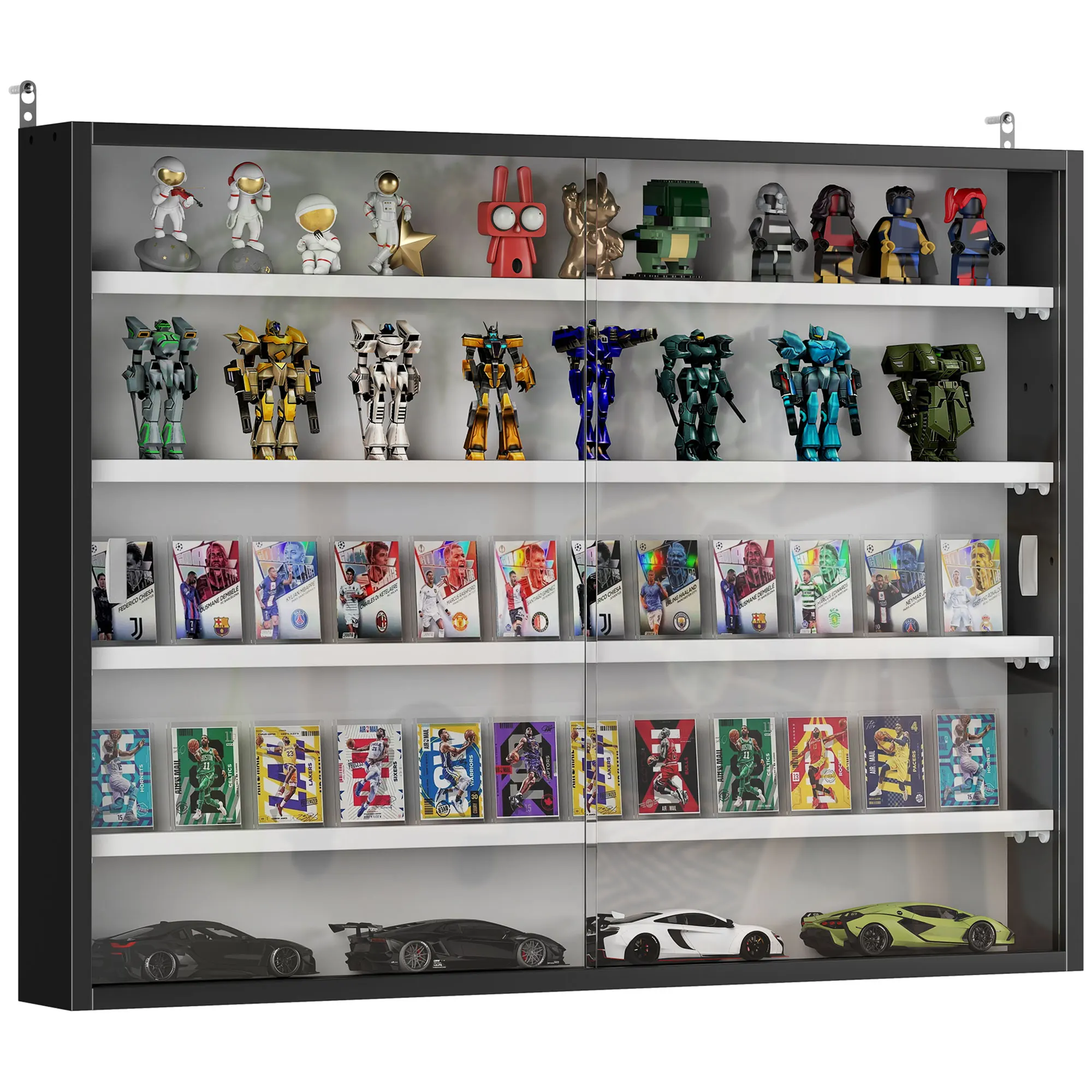 HOMCOM Vitrine pour collection vitrine murale 80 x 9,5 x 60 cm avec 4 étagères réglables en hauteur et 2 portes coulissantes en verre, pour collection de figurines et voitures miniatures, noir