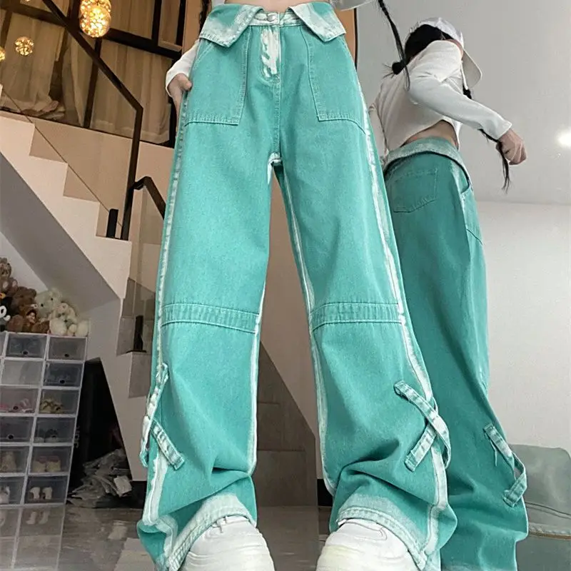 Onregelmatige Meer Blauwe Hoge Taille Jeans Dames Rechte Pijpen Baggy Broek Vrouwen Oversized Patchwork Losse Kwaliteit Broek Nieuw