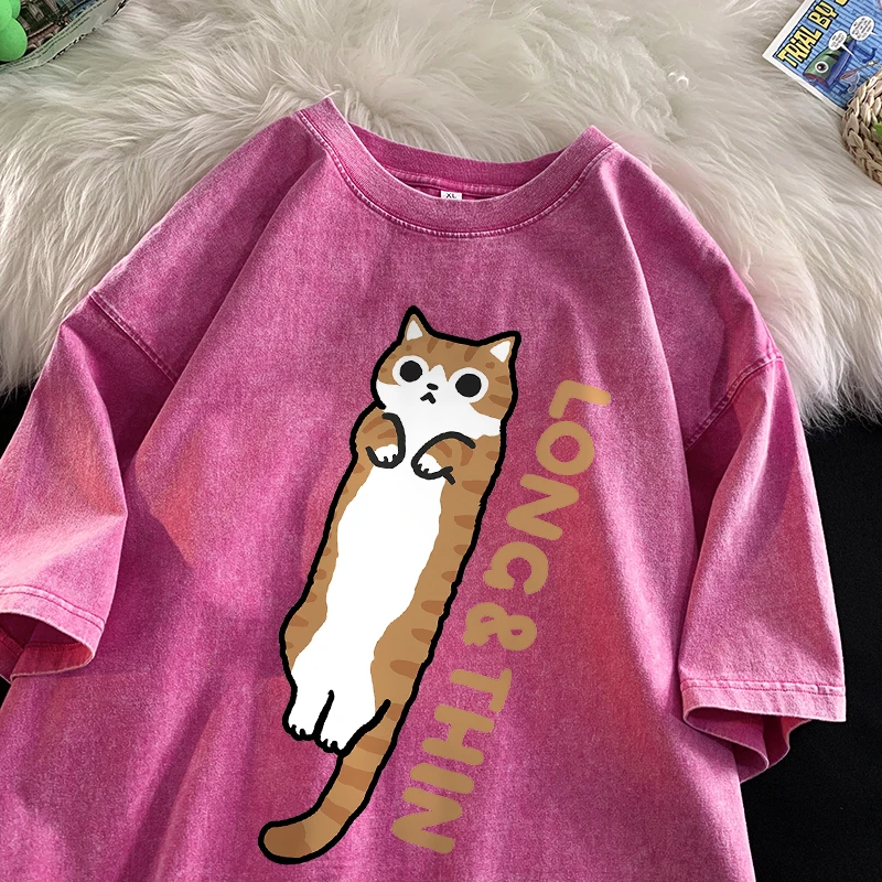 Slender Cat Stripe Summer Orange Cat Siamese Vintage Water Washing Short Sleeve T-shirt Men Women Cotton Trend Fun Cat New Tees