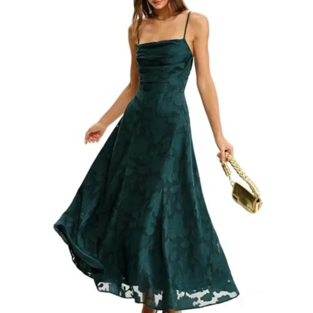 Women Retro Jacquard Spaghetti Strap Evening Dress Square Neck Slim Fit Maxi Gown Elegant Banquet Party Vacation Resort New