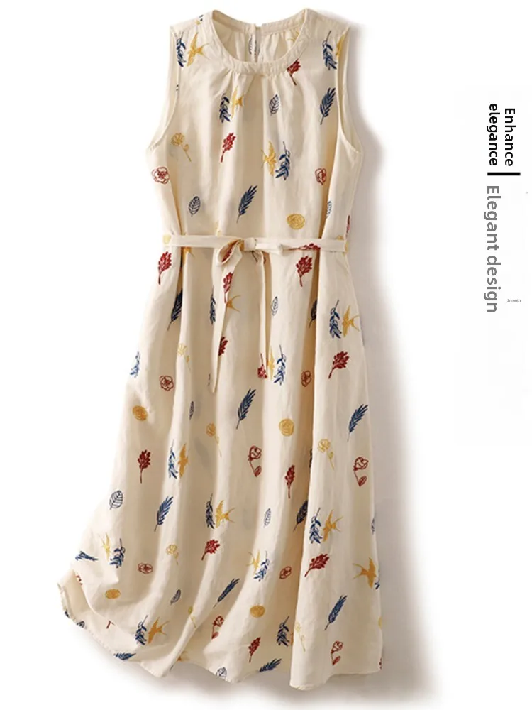 

Japanese Sle Ladies Printed Cotton Linen Dr Svel Overhead Slimming Long Dr Trendy round Ne Mid-Length Skirt