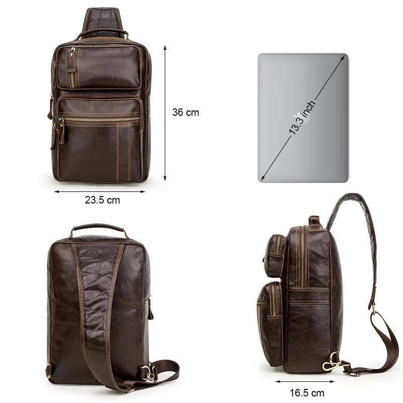 Imagem -02 - Multifuncional Crossbody Bolsa para Homens Couro Genuíno Peito Pack Mensageiro Masculino Laptop Casual Bolsa 13.3