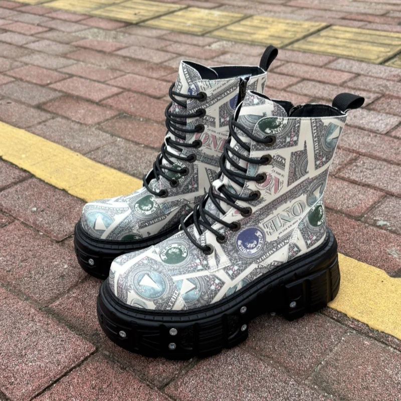 Gothic Women Motorcycle Boots Large Size Thick Bottom Outdoor Ankle Boots All Match Casual Fashion Mixed Color Cool Girl High Top Shoes