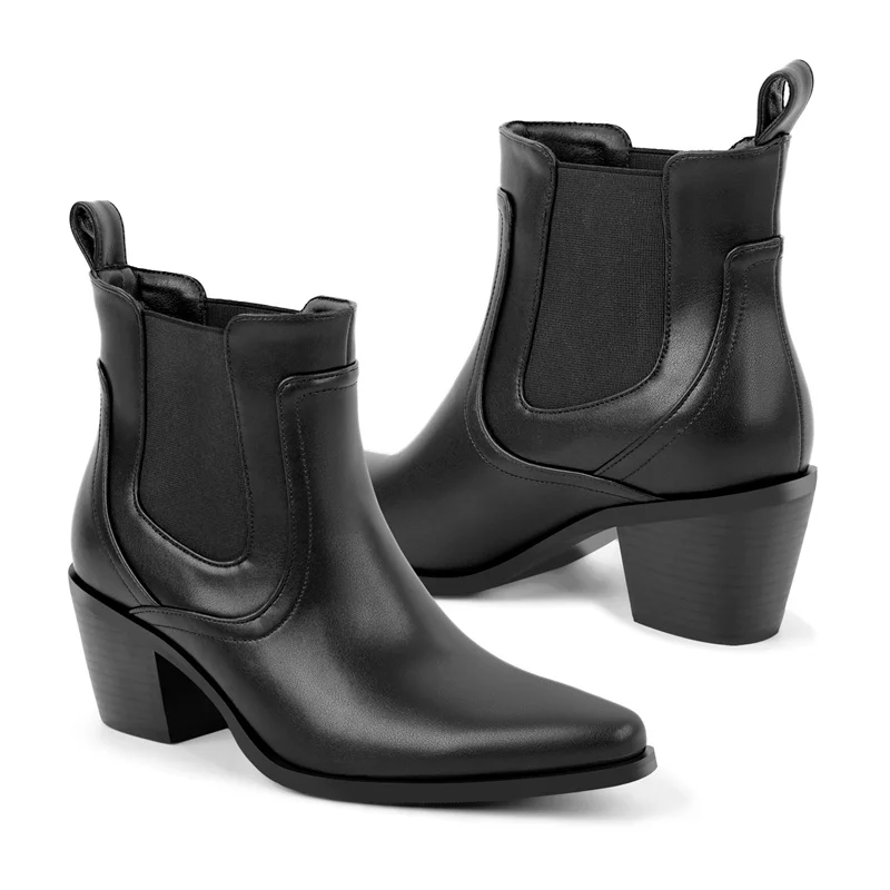 Onlymaker Pointed Toe Black Chunky Heel Western Ankle Boots Big Size Slip On Westen Cowgirl Boots
