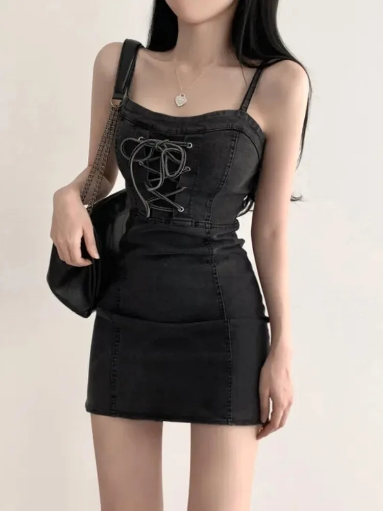 Retro Cross Strap Design Abnehmen Denim ter Dr frauen Chic Sommer Vintage Taille Cinched Dr Trendy Fem Kleidungsstück