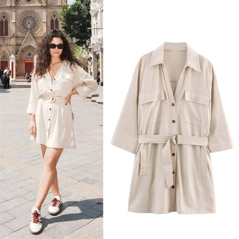 

Women's Dresses New Summer 2025 White Long Sleeve Mini Dress Belt Decoration Casual Commuting Personality and Fashion