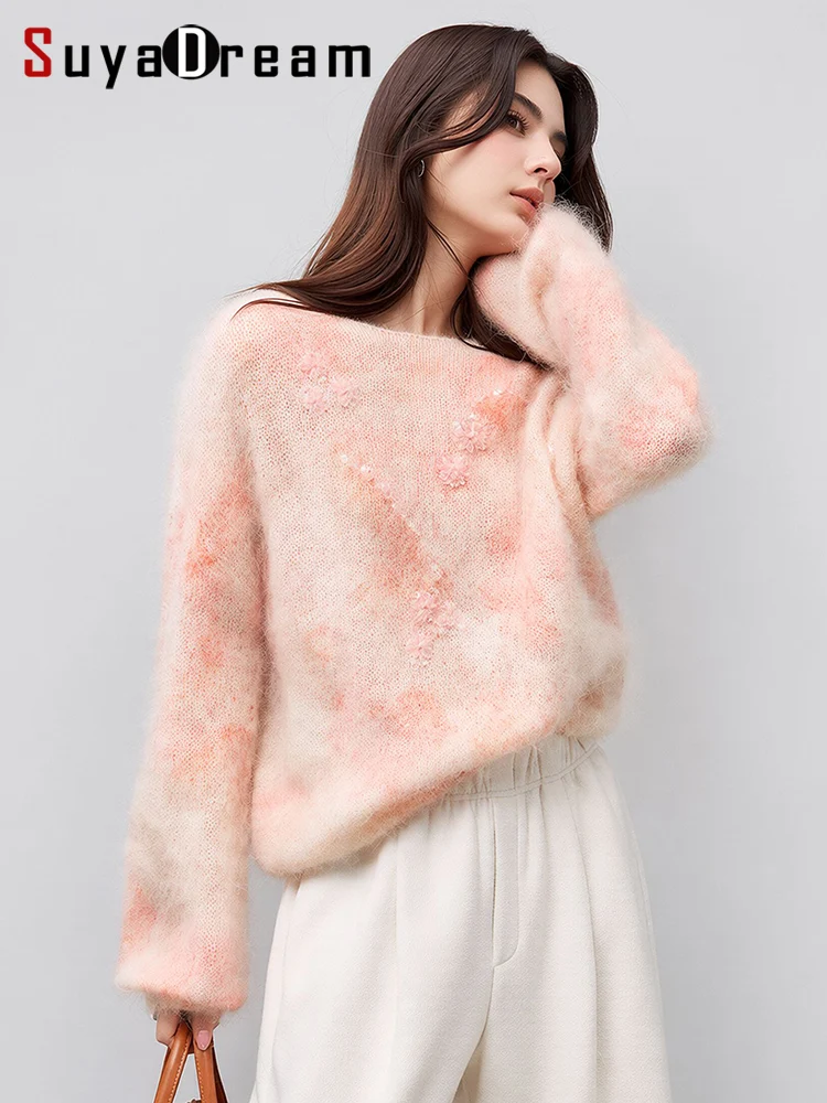 SuyaDream, Women Tie Dye Beaded Sequin Mohair Sweater Crew Neck Loose Fit Long Sleeve Autumn Fall Knit Pullover