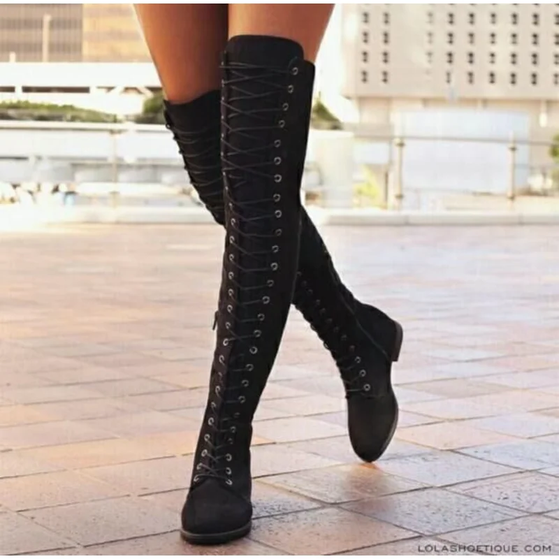 Fashion Women Cross Strap Suede Leather Boots Autumn Winter Knee High Boots Lady Thick Sole Platform Boots Over The Knee Boots