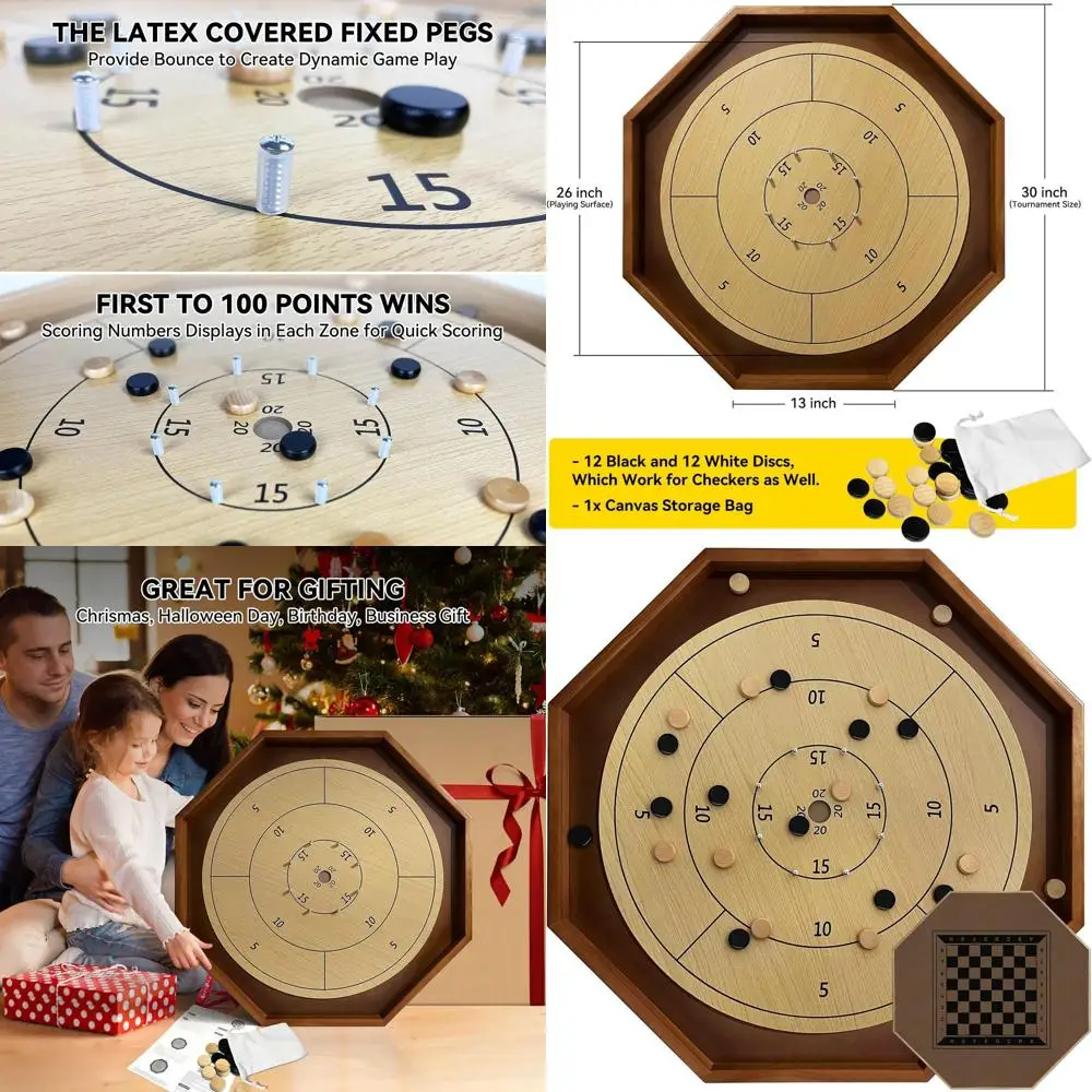 

30 Dual-Function Crokinole & Checkers Board, 26” Wooden Octagon Game with Metal Pegs for Family Fun