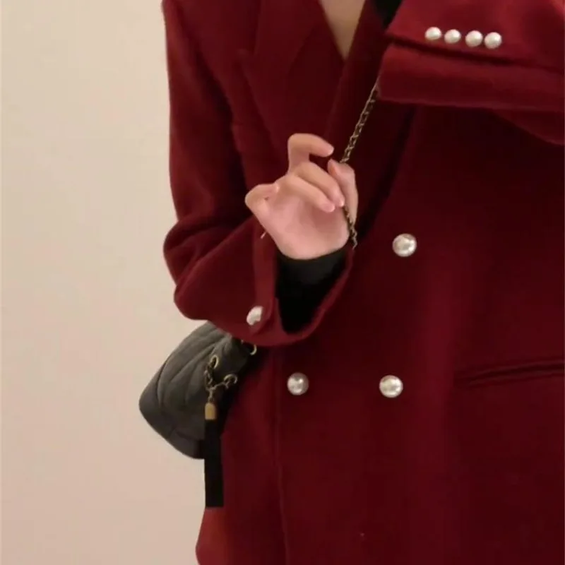 بدلة حمراء Jaet للسيدات Cisas Faion تصميم أصلي فضفاض من البوليستر طويل Sve معطف مزدوج الصدر بلون نقي #5