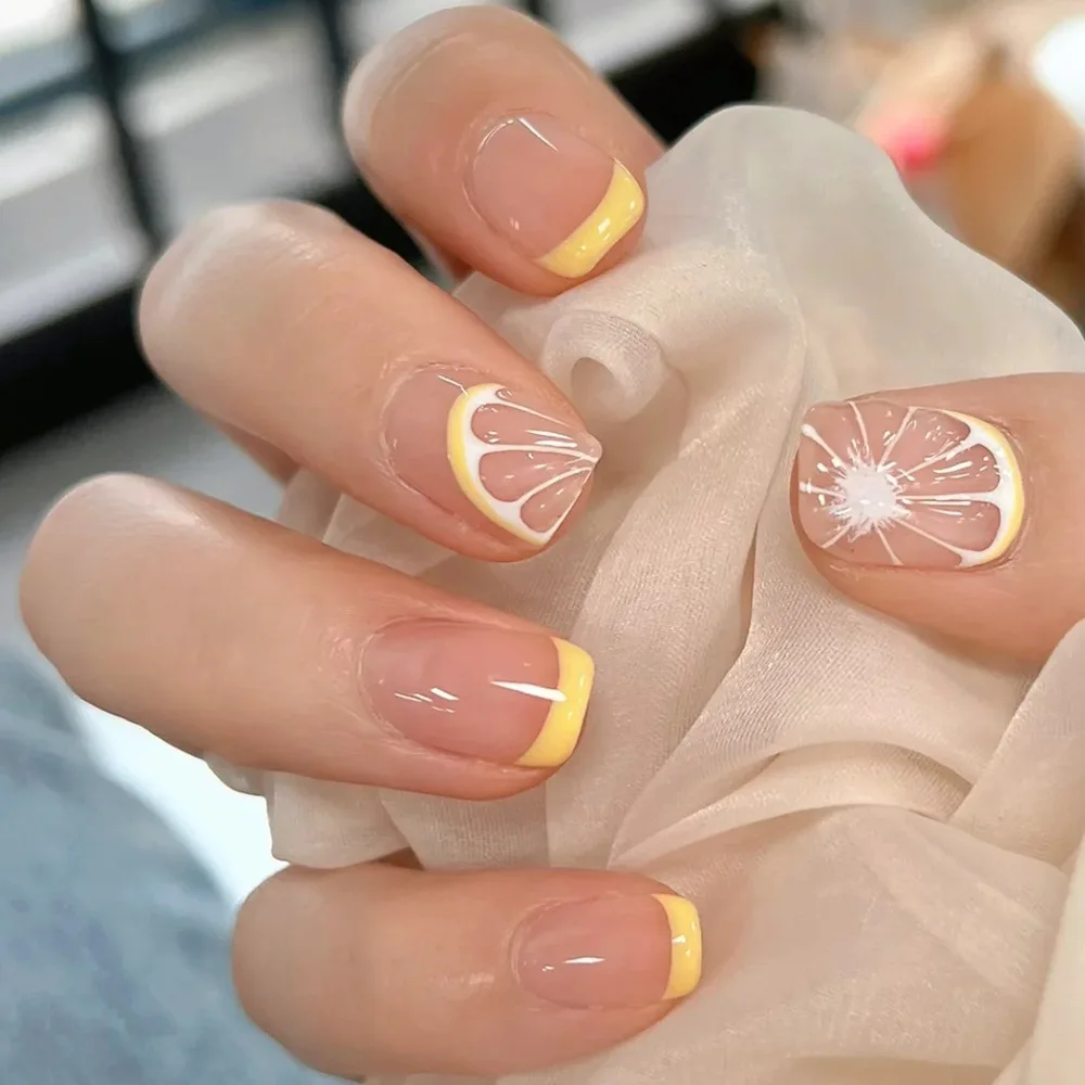 24 szt. Cytrynowe Krótkie Tipsy do Paznokci Sztuczne Paznokcie do Wciskania Materiały dla Profesjonalistów Sztuczne Paznokcie Faux Ongles Uñas