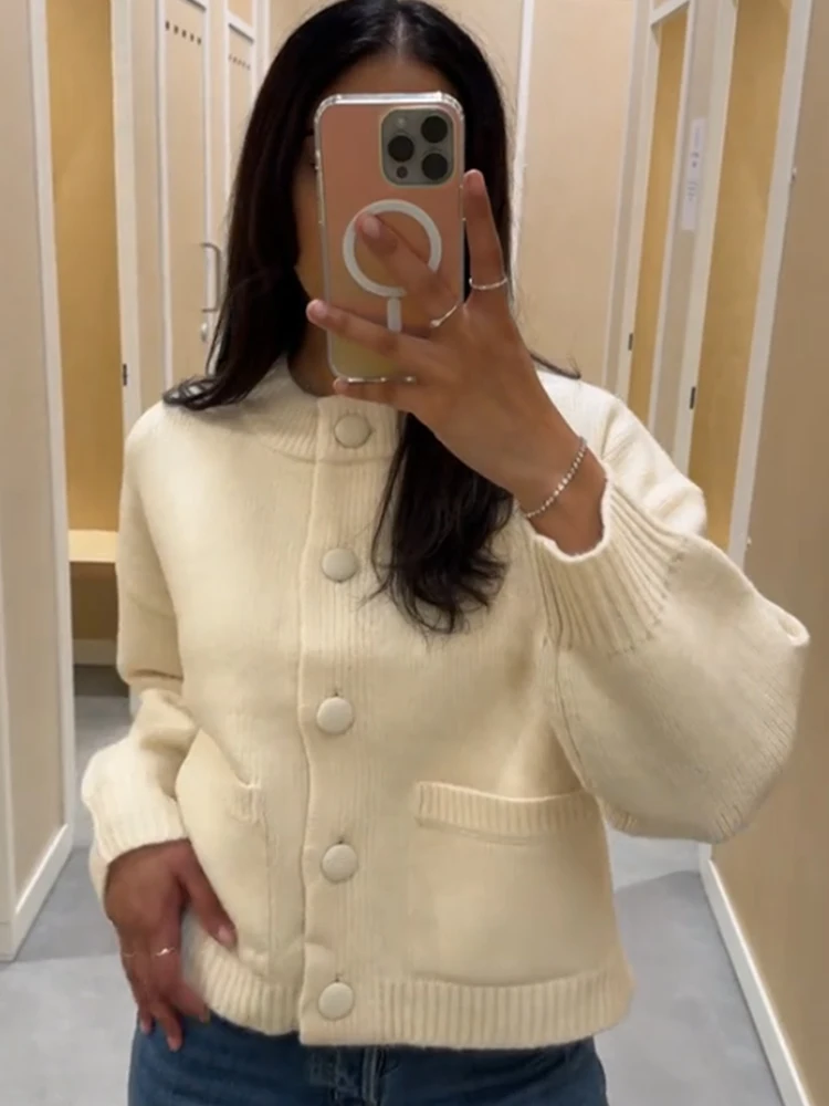 

Casual Solid Knitted Cardigan Women O-neck Long Sleeve Single-breasted Pocket Sweater 2025 Autumn Lady Daily Knitwear