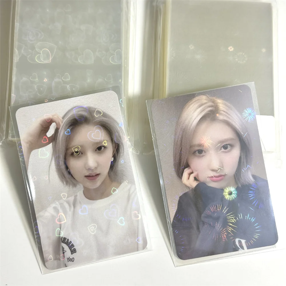 

50PCS Double Sides 58x89mm Laser Heart Fireworks Flashing Holographic Clear Card Film Sleeves For Idol Photo Protector Cover