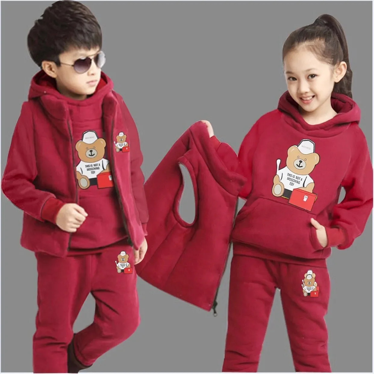 Boy Girls Fall Winter Thick Warm Clothing Set 3 Pcs Sweatshirt +Pants+Vest Cartoon Outfits Children Tracksuit School Uniform