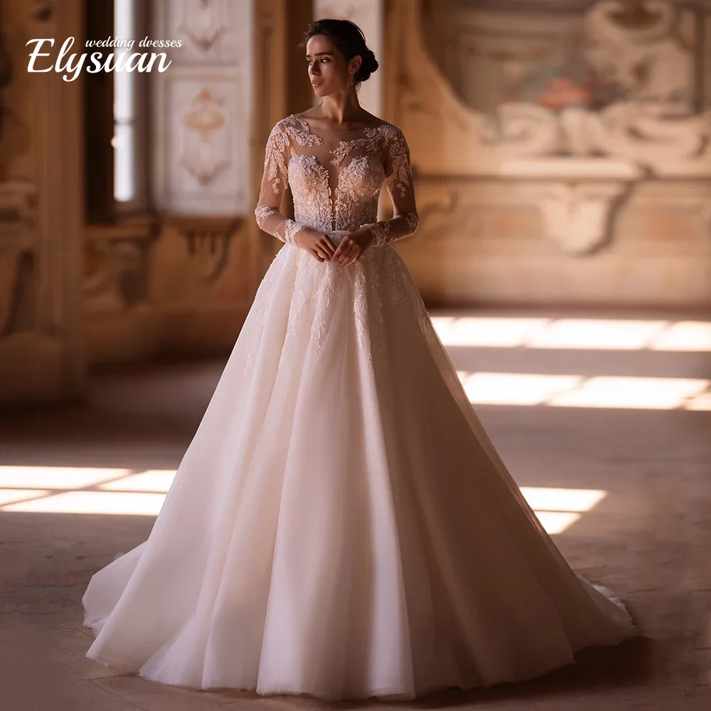 

Customized Sexy Wedding Dress Scoop Neck Long Sleeves Sparkling Applique Glitter Tulle Bridal Gown for Bride Vestidos De Noiva