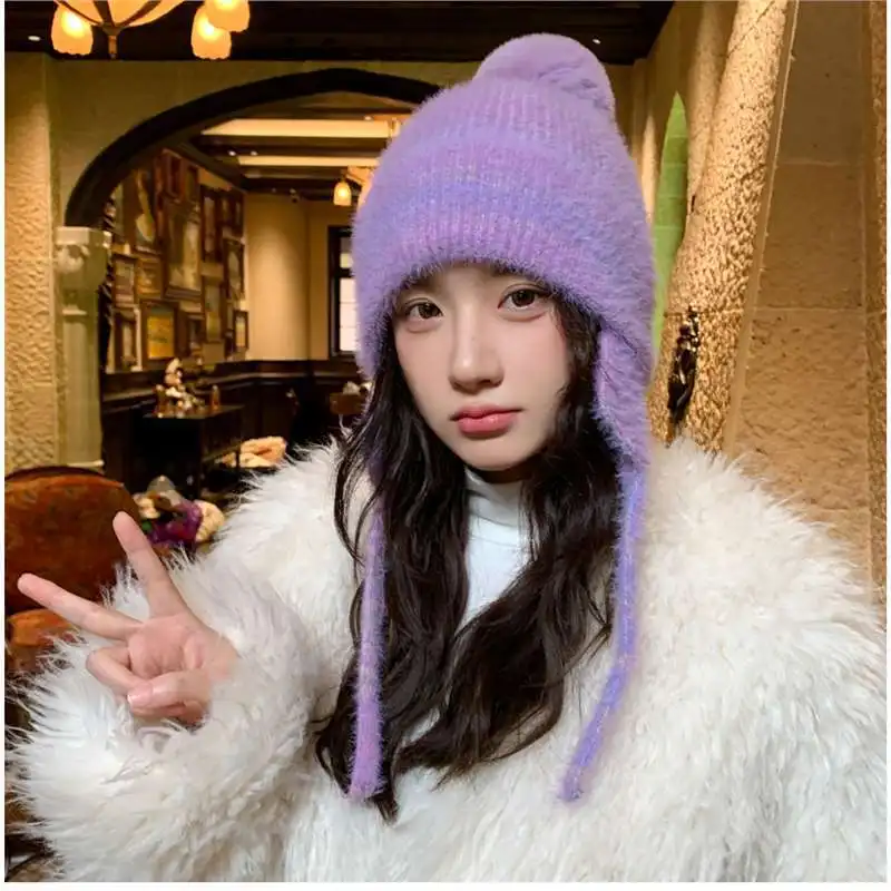 الكورية مختلط اللون لطيف أفخم الأشرطة حماة الأذن محبوك منفذها قبعة المرأة بسيطة الحلو لينة لطيف شتاء دافئ قبعة قبعة #2
