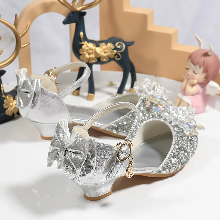 Girls Princess Shoes Performance Crystal Shoes Summer Children High Heels Model Walking Show Performance Leather