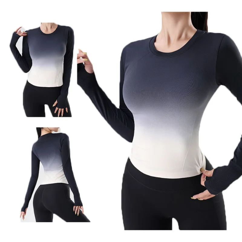 Aiithuug Gradiented Color Gym Tops Yoga Long Sleeve Workout Waist Slim gradient ramp Tops with Tumb Hole Slim Running Jogging