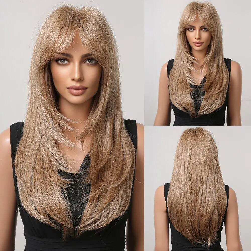 

Long Hair Wig with Bangs Natural Light Blonde Heat Resistant Synthetic Layered